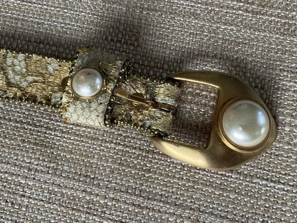 Vintage 1980s Jose Cotel Style Gold Tone Pearl Embellished Belt